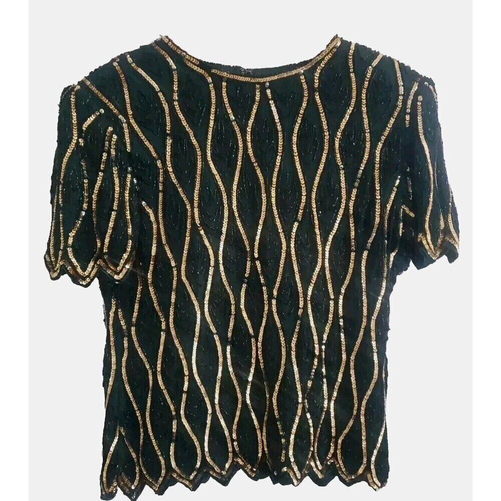 Vintage Stenay Blouse Women's Medium Green Gold Bead Sequin Silk Lined NWT